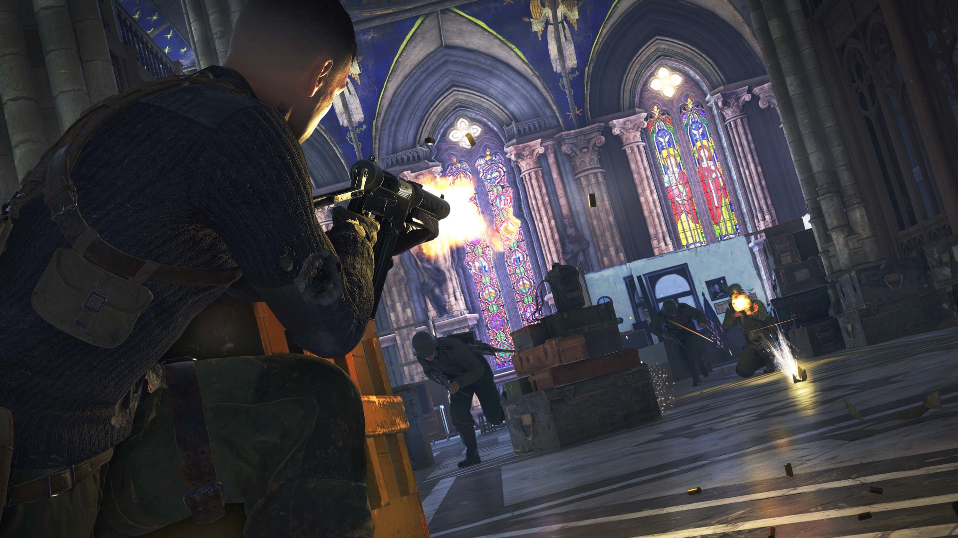 Personnage Sniper Elite 5 dans une fusillade dans une église