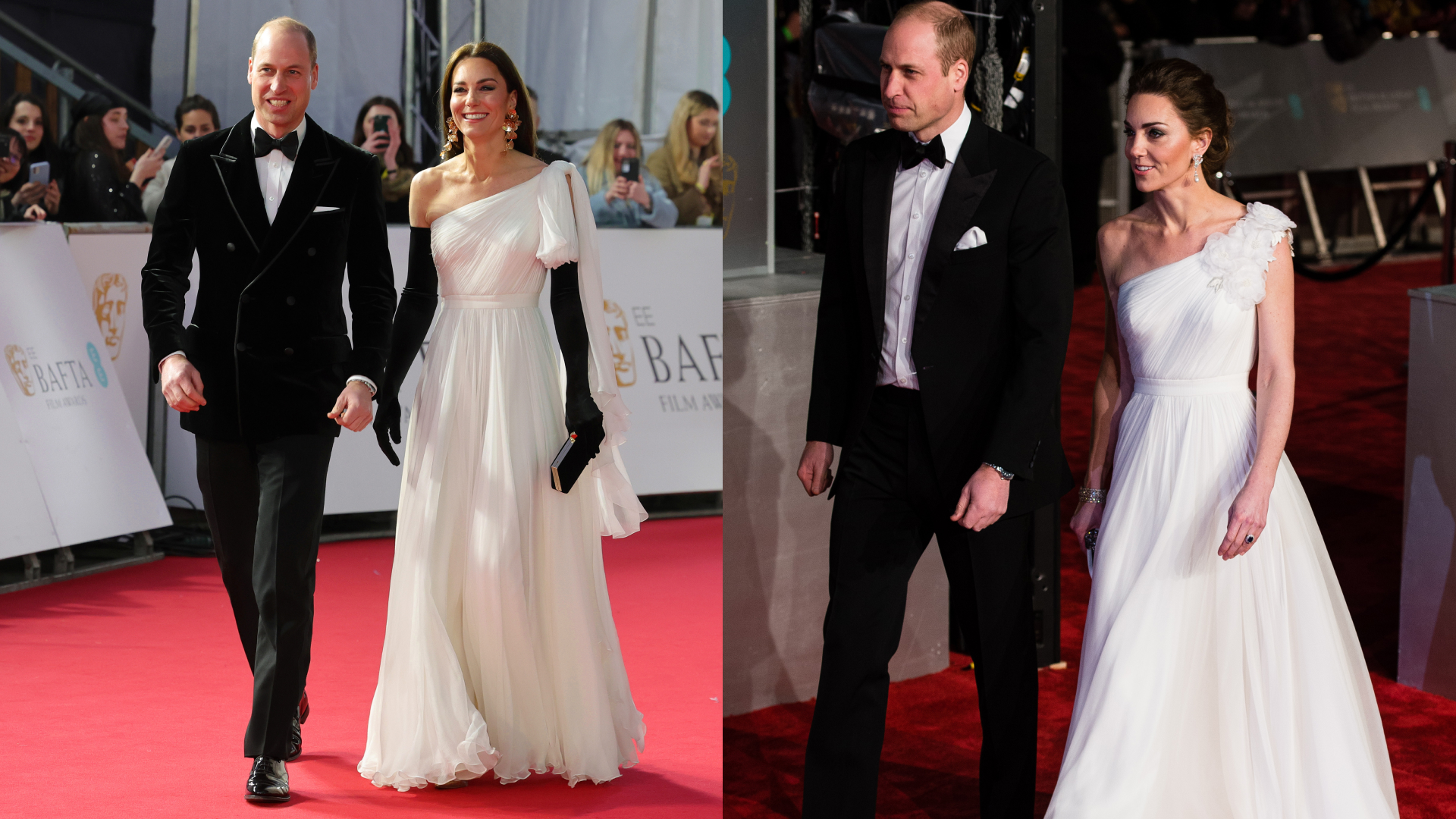 Princess Kate walking with Prince William on the red carpet and wearing a white gown at the 2023 BAFTAs; Princess Kate wearing the same gown with Prince William in 2019