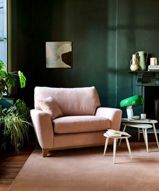 pink armchair and rug in green living room