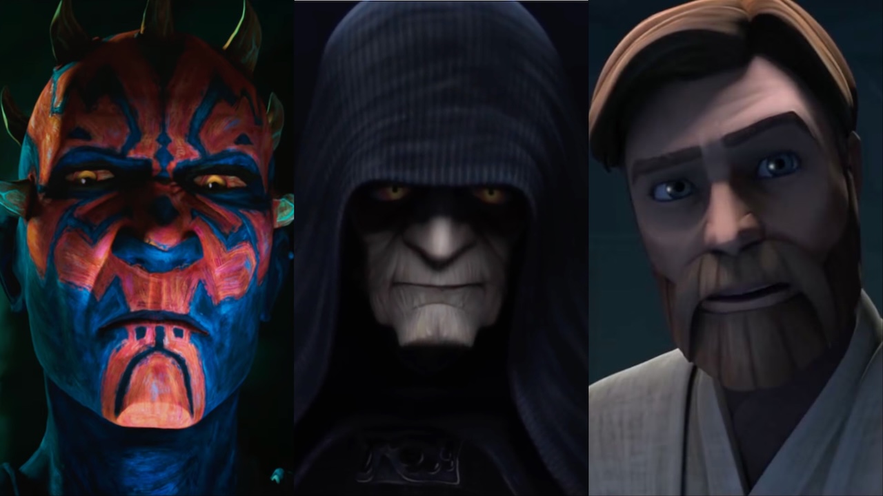 Darth Maul, Palpatine and Obi-Wan Kenobi side by side by side, all in animated form