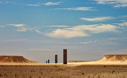 Richard Serra, East-West/West-East (2014), sited in a natural corridor of gypsum plateaus in the Brouq Nature Reserve, Qatar. Image courtesy of Qatar Museums Doha