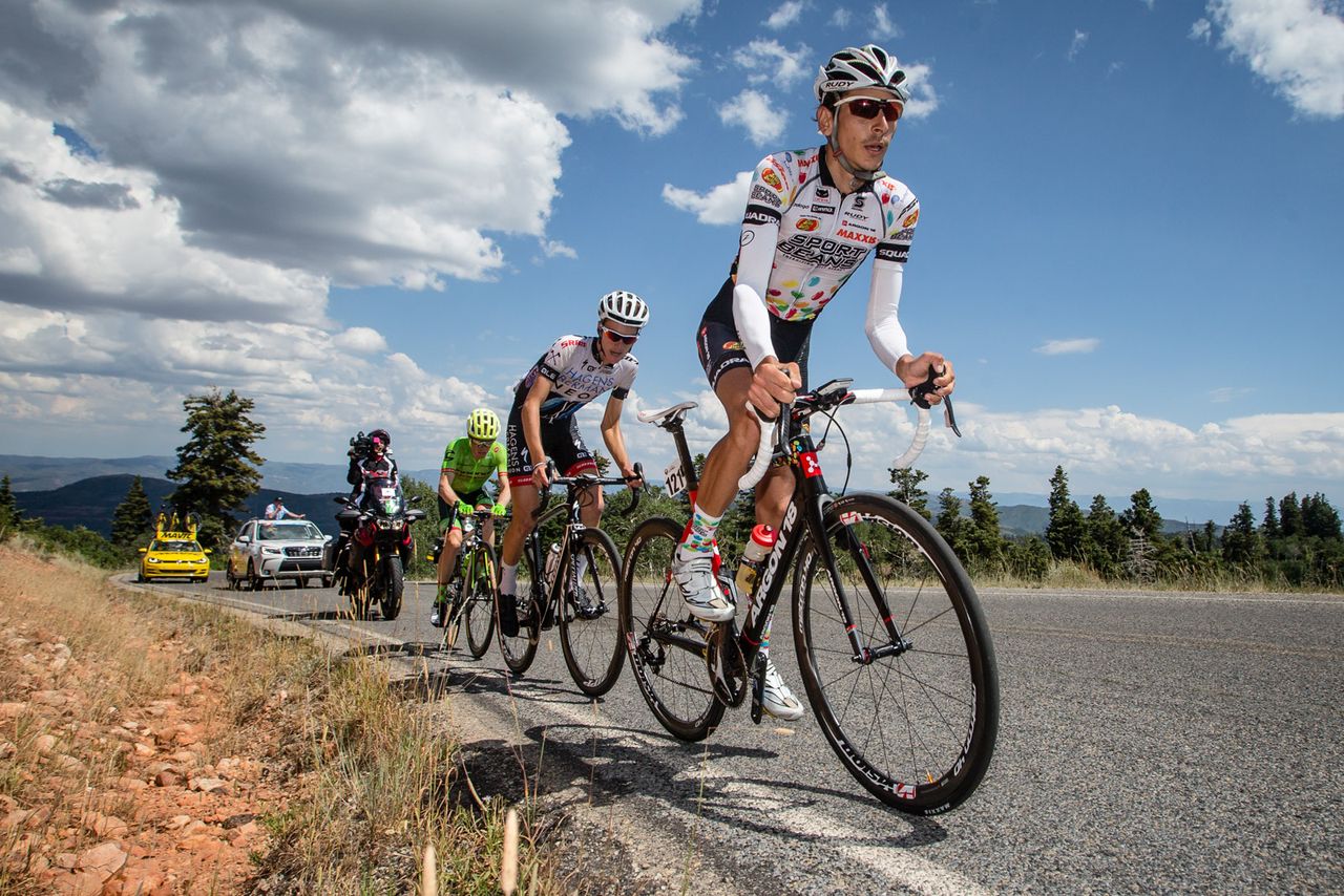 Lachlan Morton (Jelly Belly) drives the pace up Mt Nebo ahead of Adrien Costa and Andrew Talansky
