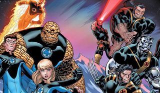Fantastic Four and X-Men members in battle, side by side