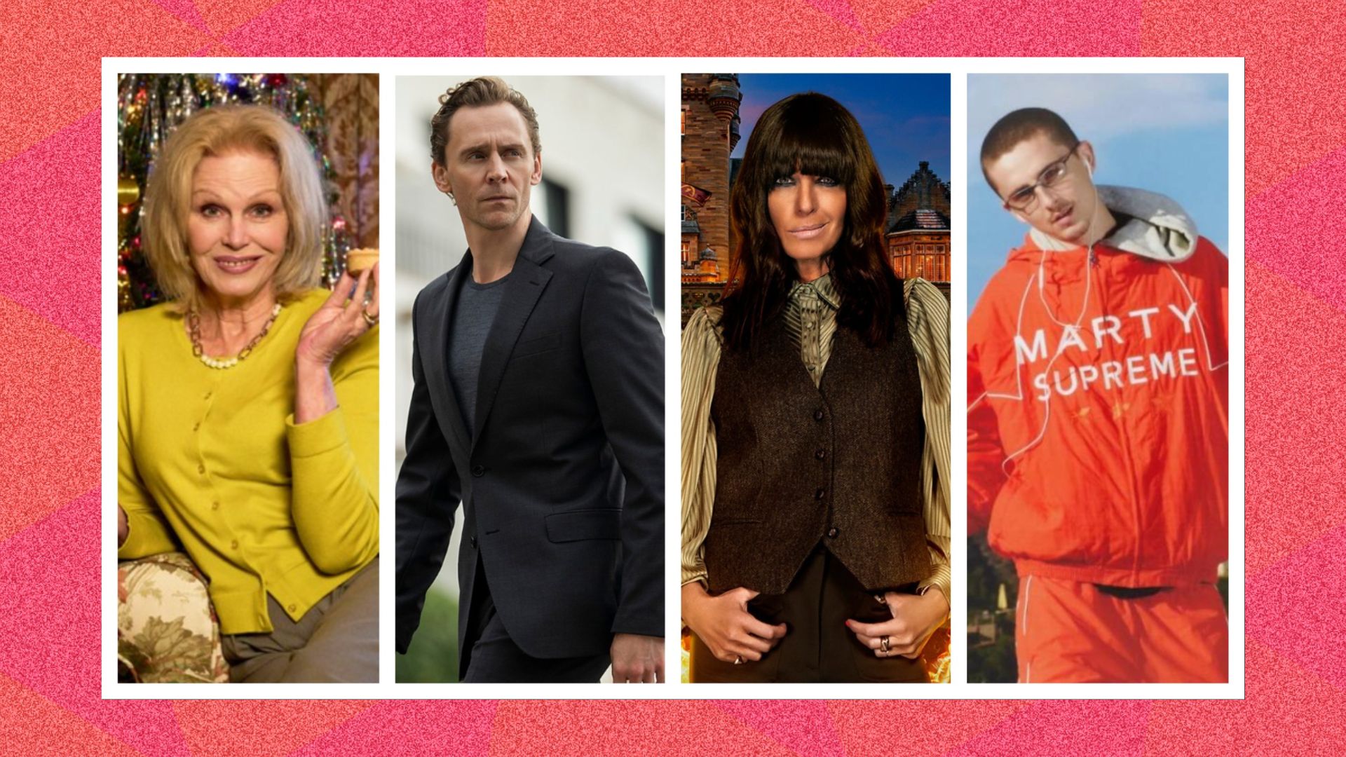 an image of four pictures spliced together showing (L-R) Joana Lumley, Tom Hiddleston, Claudia Winkleman and Timothee Chalamet