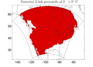 Red indicates regions of North America for which a statistical analysis using two climate models indicated there is a 97.5 percent probability that average temperatures will rise by at least 2 degrees Celsius (3.6 degrees Fahrenheit) by 2070.