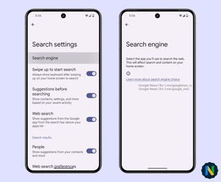 A screenshot of Pixel Launcher's hidden search engine setting