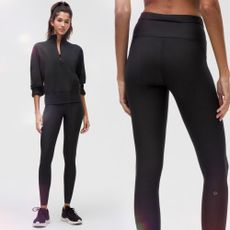 Model wearing lululemon leggings trainers and half zip sweater