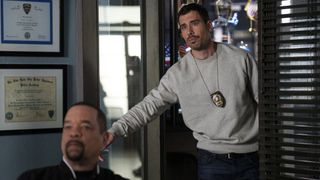 Ice T as Sgt. Odafin "Fin" Tutuola and Octavio Pisano as Det. Joe Velasco in the squad room in Law & Order: SVU season 25 episode 5