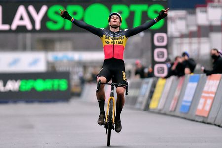ZOLDER BELGIUM DECEMBER 27 Wout Van Aert of Belgium and Team JumboVisma celebrates winning during 17th Superprestige HeusdenZolder 2021 Mens Elite SuperprestigeCX SPHeusdenZolder on December 27 2021 in Zolder Belgium Photo by Luc ClaessenGetty Images