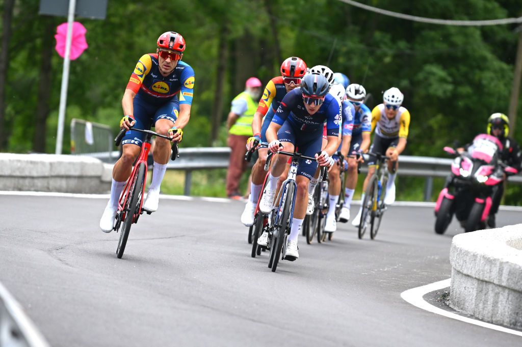 SAPPADA ITALY MAY 24 LR Edward Theuns of Belgium and Team Lidl Trek and Enzo Paleni of France and Team Groupama FDJ compete in the breakaway during the 107th Giro dItalia 2024 Stage 19 a 157km stage from Mortegliano to Sappada 1236m UCIWT on May 24 2024 in Sappada Italy Photo by Dario BelingheriGetty Images