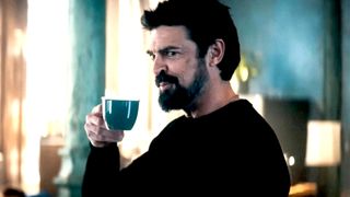 Karl Urban as William "Billy" Butcher drinking a cup of tea during The Boys season 4 trailer.