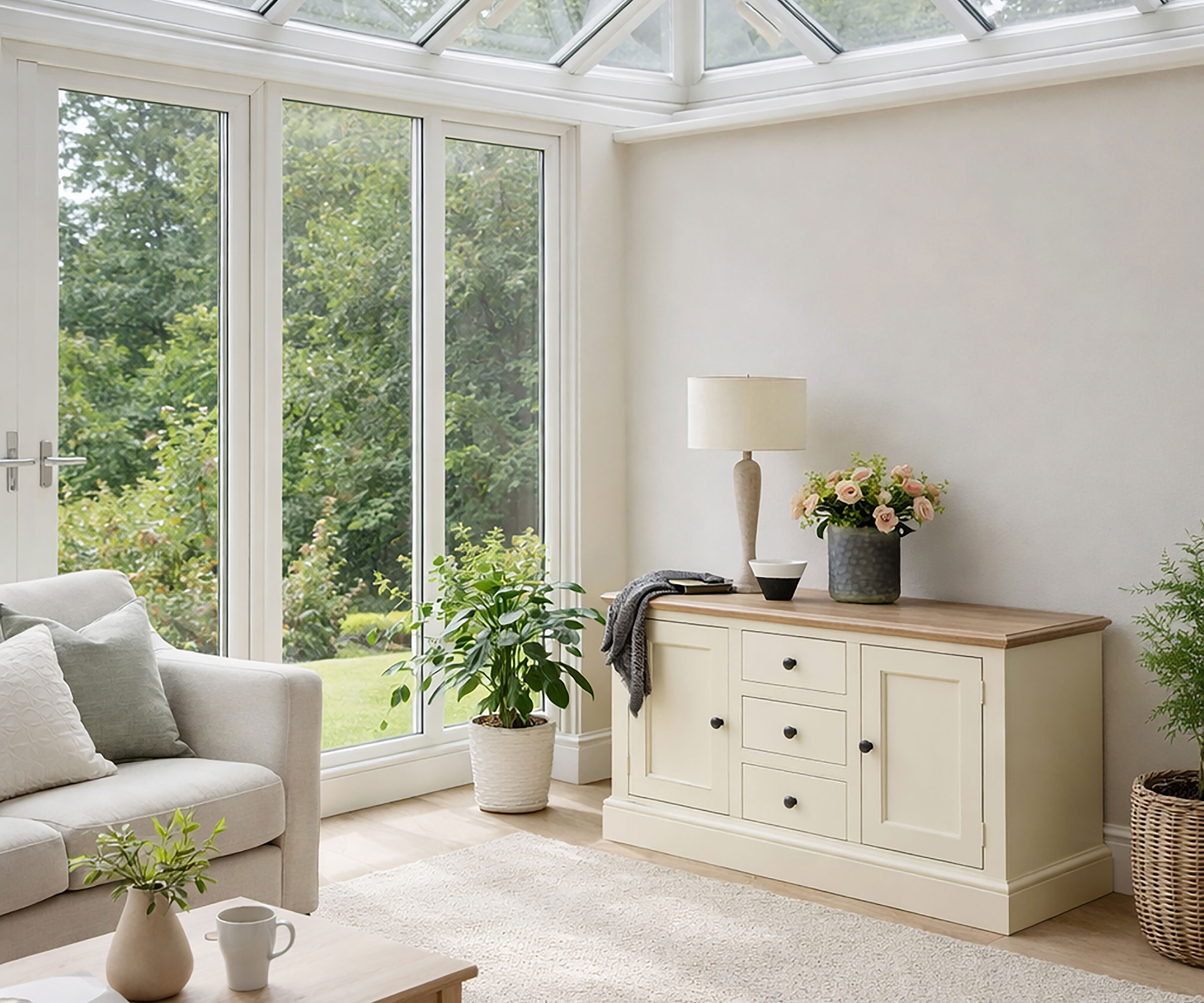 conservatory living room with cream painted sideboard