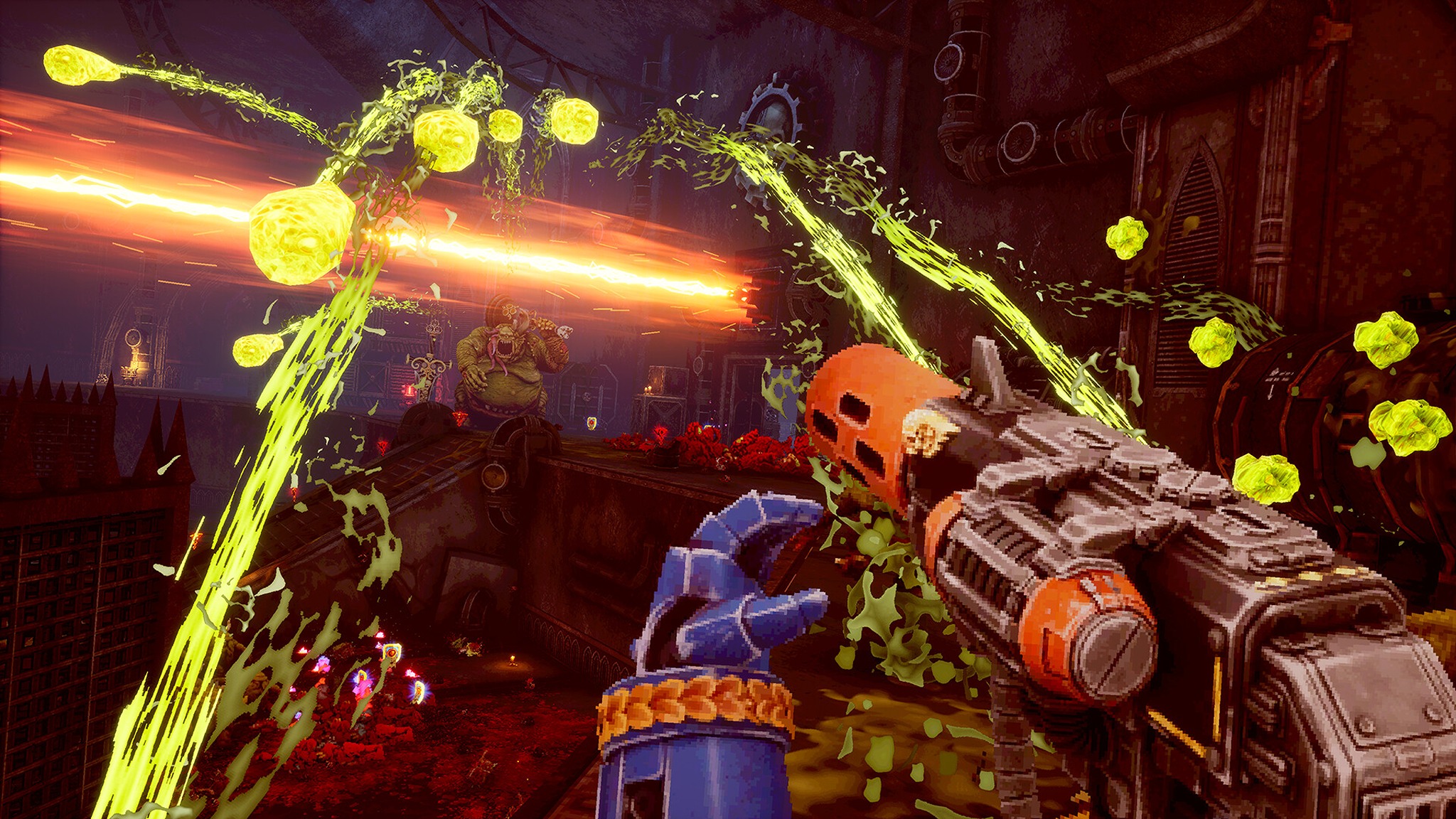 Promotional screenshot of a Space Marine fighting Nurgle Daemons in Warhammer 40,000: Boltgun