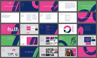 Hot pink, green and navy blue artwork for Bulb rebrand