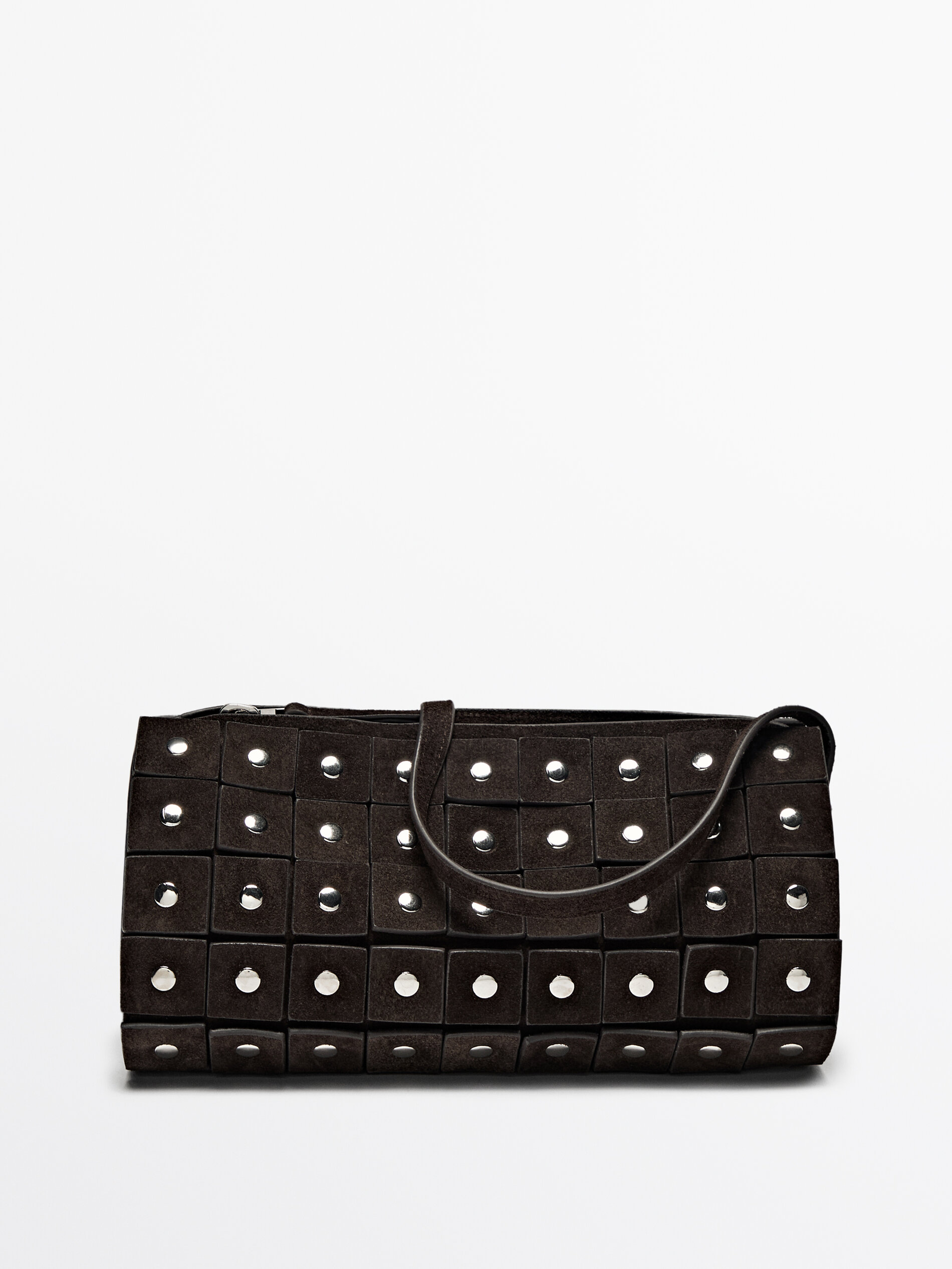 Studded split suede barrel bag