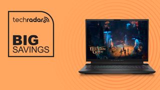 Alienware M18 gaming laptop on orange background with big savings text overlay