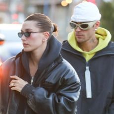 Hailey Bieber and Justin Bieber walking in Los Angeles wearing his new brand