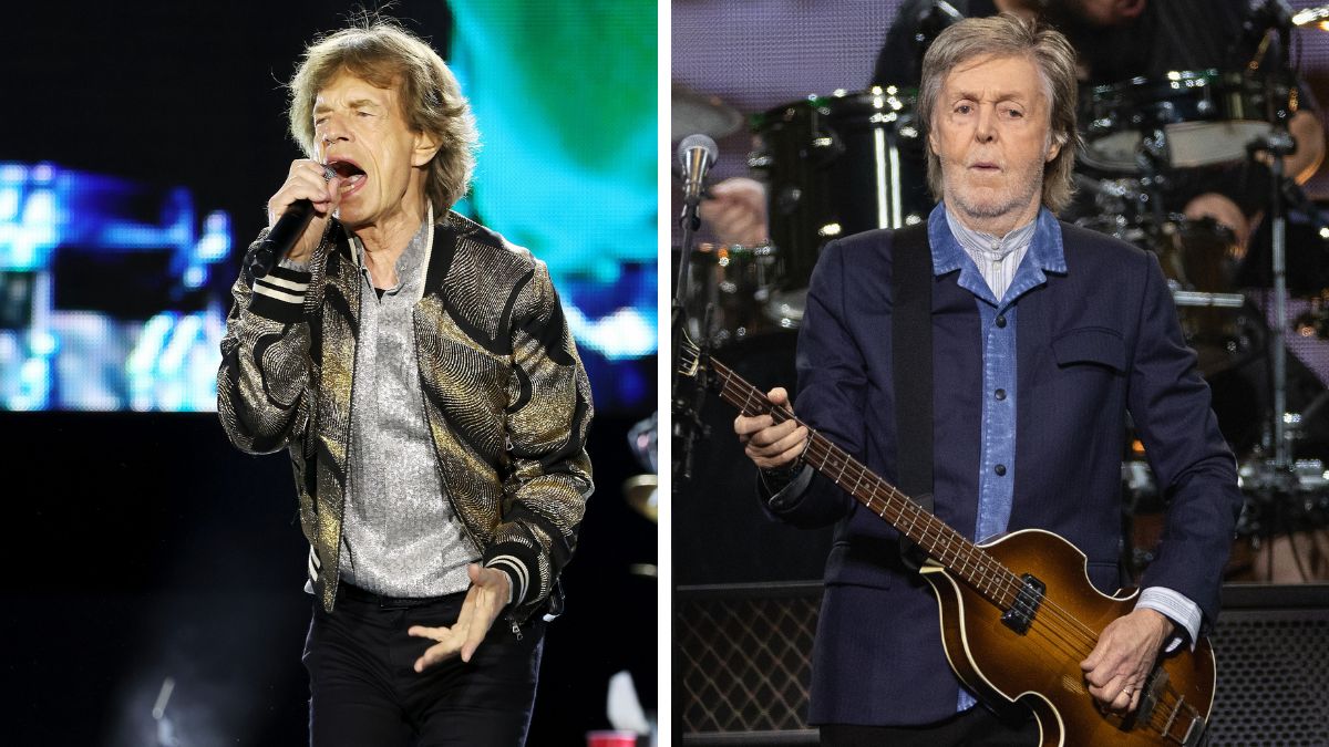 Left–Mick Jagger of The Rolling Stones performs onstage at SoFi Stadium in Inglewood, California on July 10, 2024; Right–Paul McCartney performs at The O2 Arena in London, England on December 18, 2024