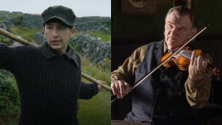 From left to right: Barry Keoghan holding a stick and Brendan Gleeson playing the fiddle