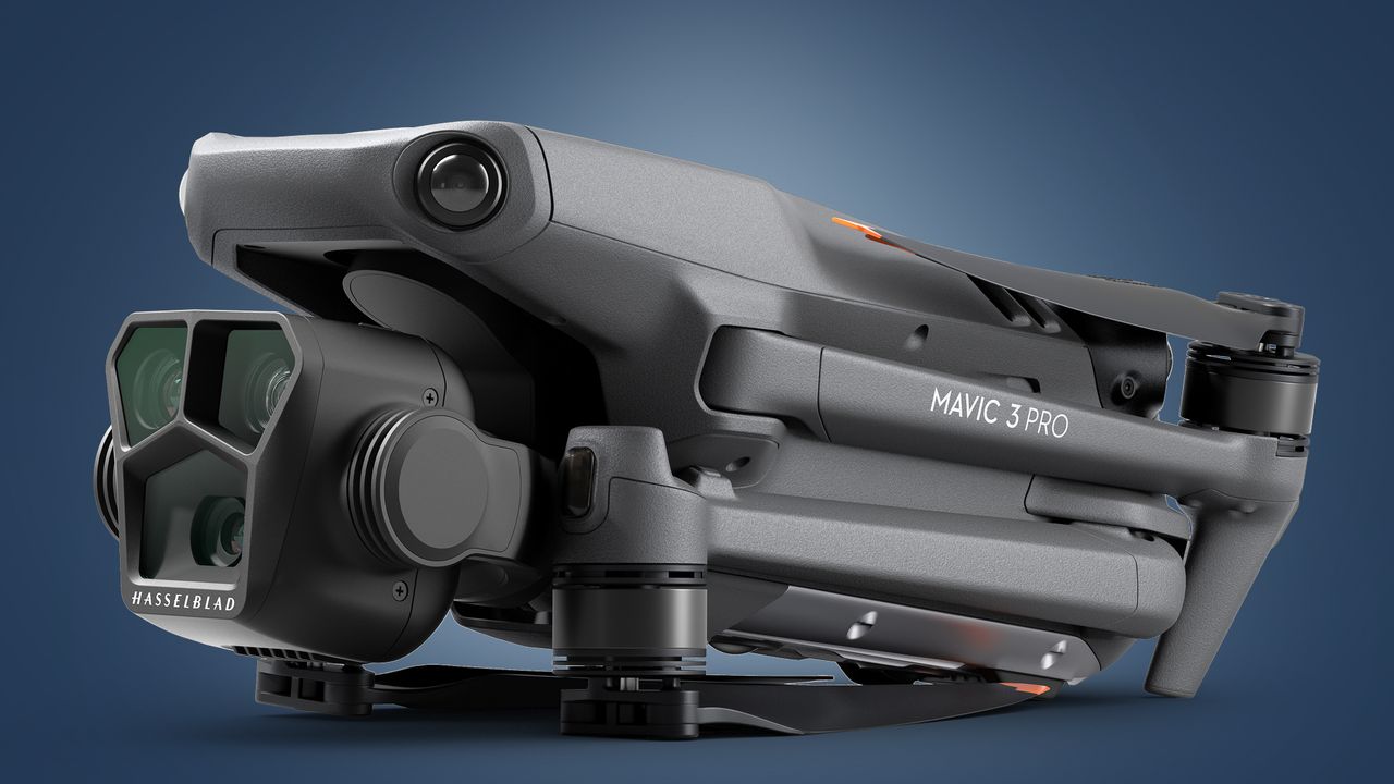 The DJI Mavic 3 Pro drone on a blue background