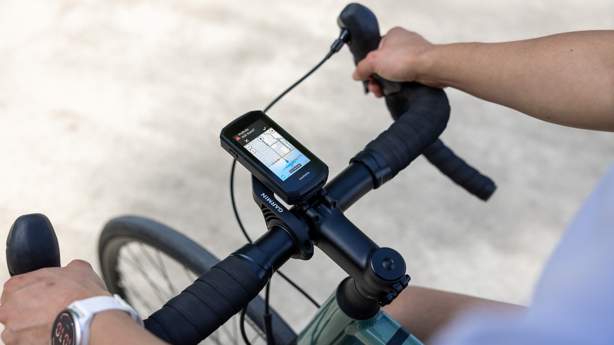 The Garmin Edge Explore 3 bike computer mounted on a bike