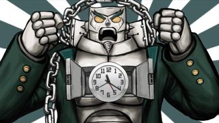 A shouting robot with a clock in his chest