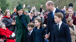 Catherine, Princess of Wales, Prince Louis of Wales, Princess Charlotte of Wales, Prince William, Prince of Wales Prince George of Wales walk to church on Christmas Day 2024