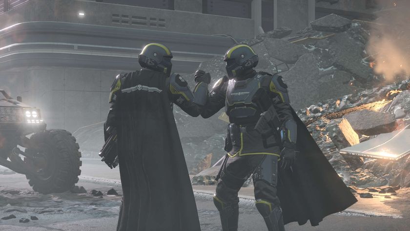 Helldivers 2 screenshot of two soldiers clasping hands in victory