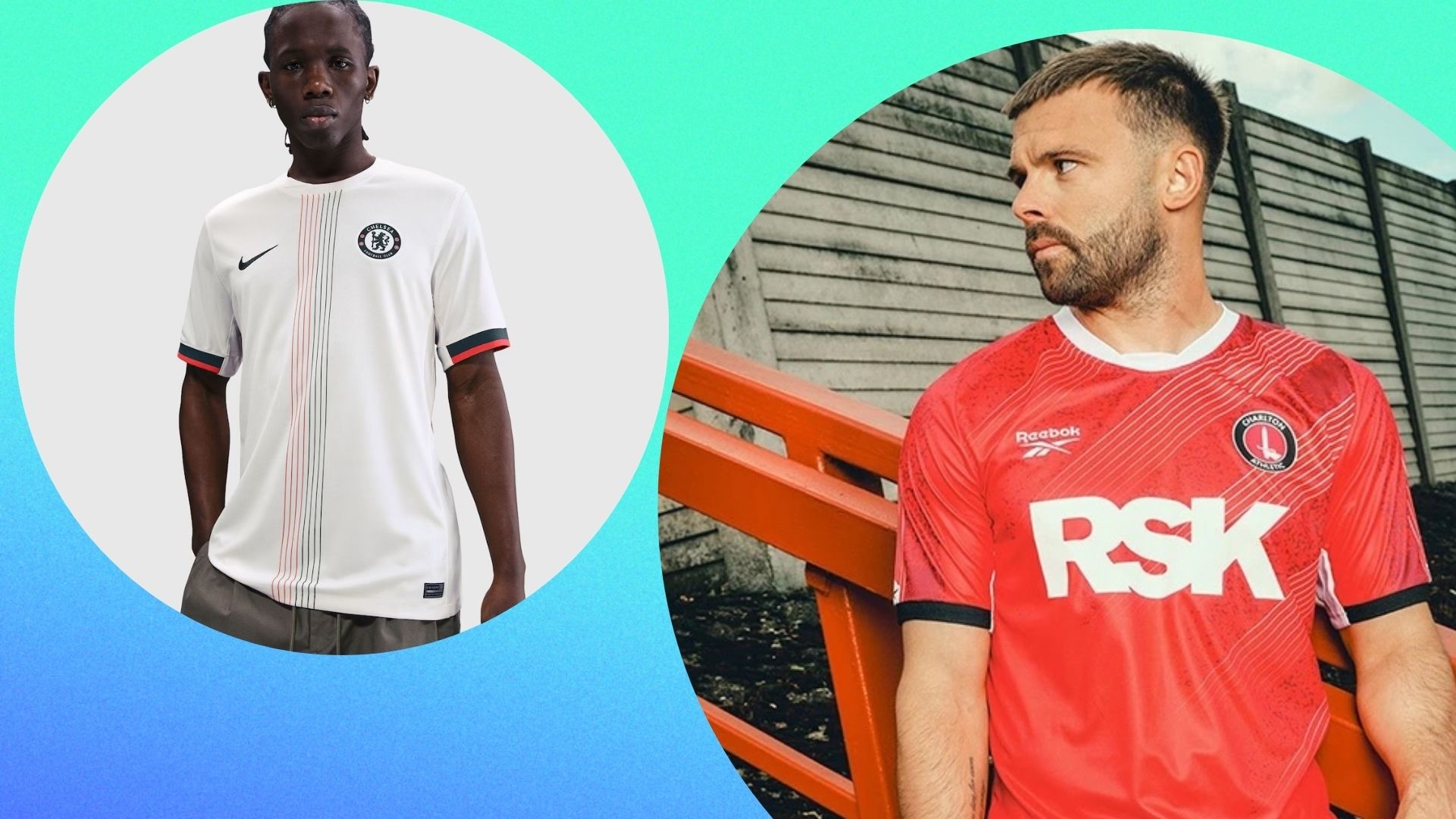 White Chelsea away kit on the left and the red Charlton home kit on the right
