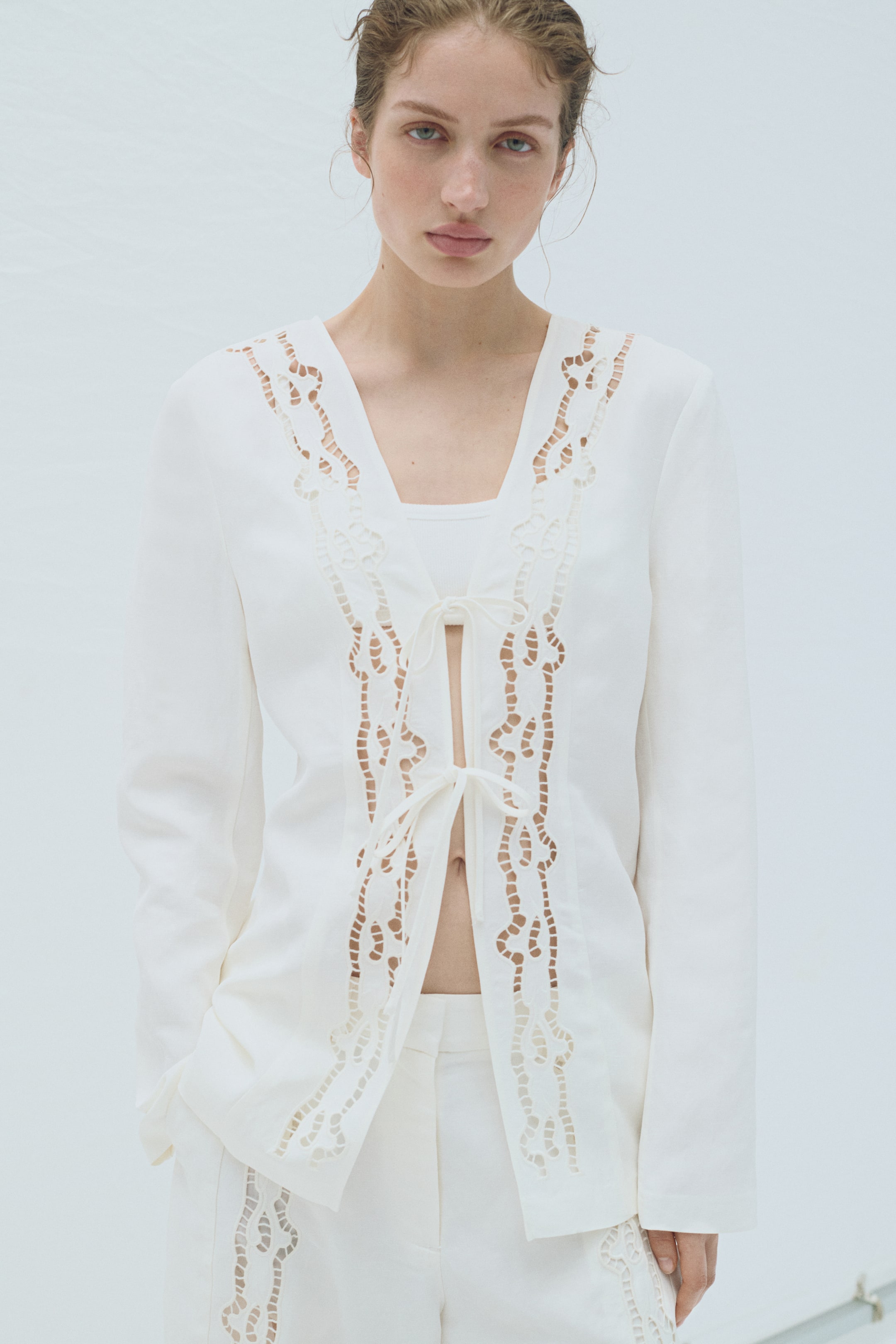 Tie-Front Linen-Blend Blazer