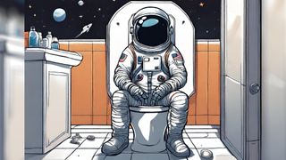 cartoon illustration of an astronaut sitting on a toilet while in space. 