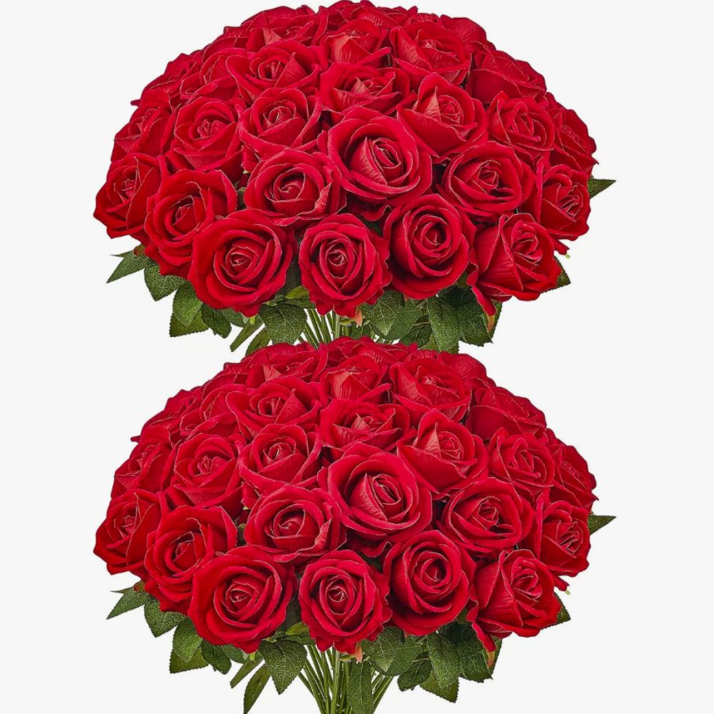 two bouquets of faux red roses