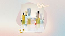 Image of the M&S Summer Beauty Bag 2026, on a pastel watercolour background with mauve circle design, cream and oil swatches
