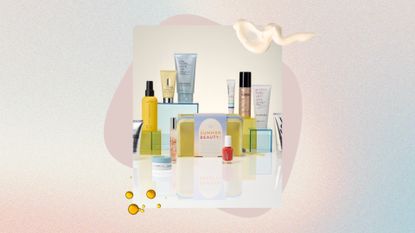 Image of the M&S Summer Beauty Bag 2026, on a pastel watercolour background with mauve circle design, cream and oil swatches