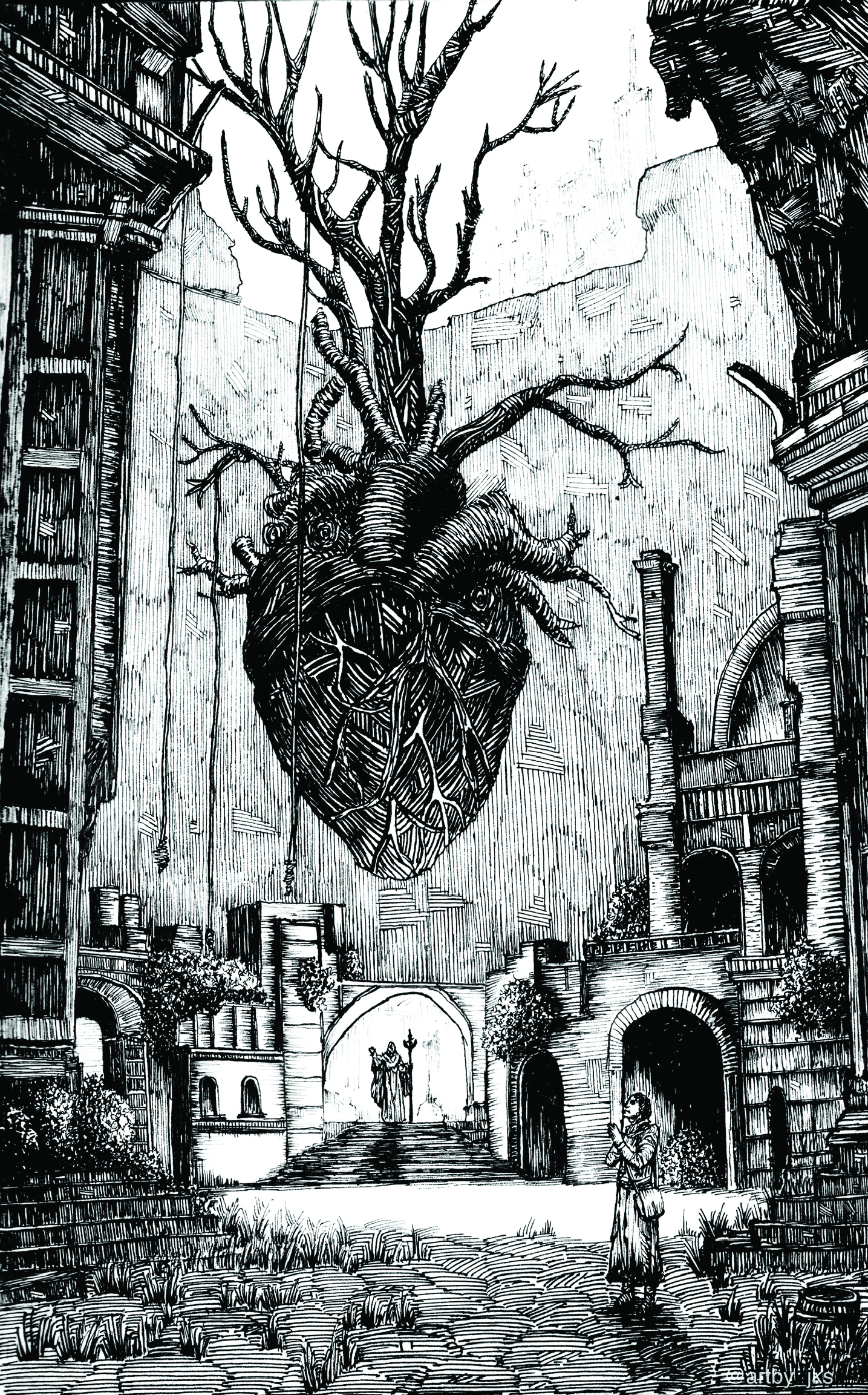 Artwork drawn in ink that looks like a medieval engraving