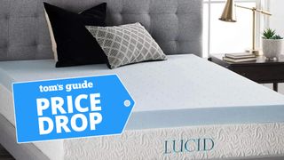 The Lucid Gel Mmeory Foam Topper in a well-lit bedroom with a price drop badge