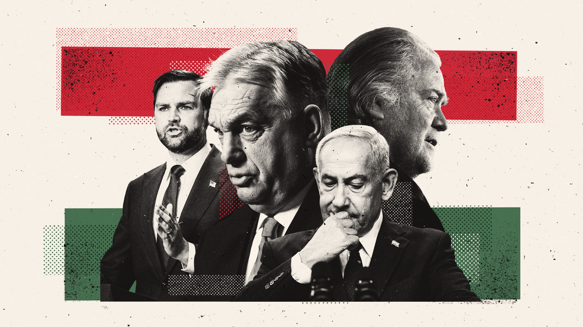 Photo composite illustration of Viktor Orban, Steve Bannon, J.D. Vance and Benjamin Netanyahu