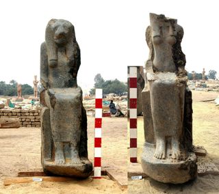 Two black granite statues discovered in the temple complex show the goddess Sekhmet seated on a throne.