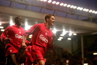 Michael Owen celebrates with Emile Heskey after scoring for Liverpool against Chelsea, 2001