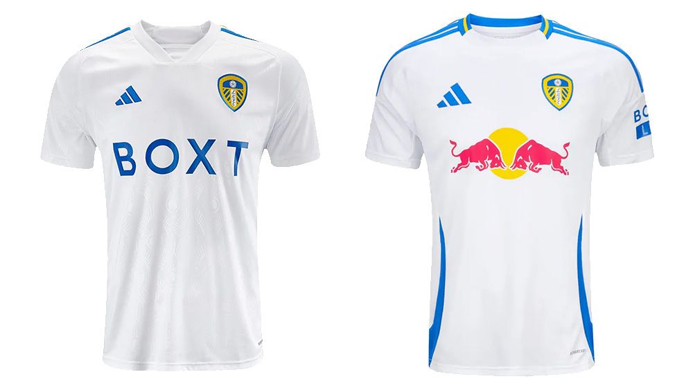 Leeds United kit featuring the Red Bull logo