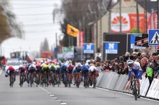 KUURNE BELGIUM MARCH 01 Arrival Kasper Asgreen of Denmark and Team DeceuninckQuickstep Peloton during the 72nd KuurneBrusselKuurne 2020 a 201km race from Kuurne to Kuurne KBK20 KuurneBxlKuurne KBK on March 01 2020 in Kuurne Belgium Photo by Tim de WaeleGetty Images