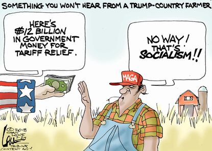 Political cartoon U.S. Trump trade war tariffs farmers government money