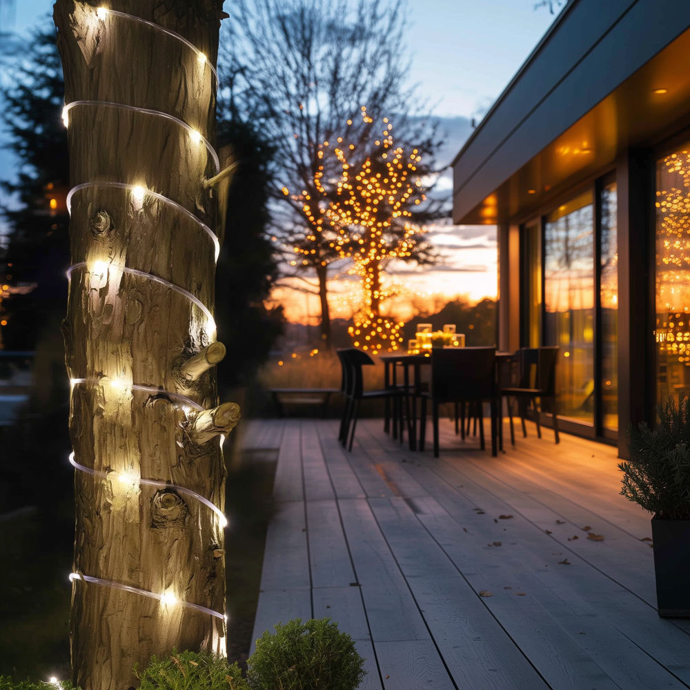 Solar lights wrapped around tree with decked dining area in the background