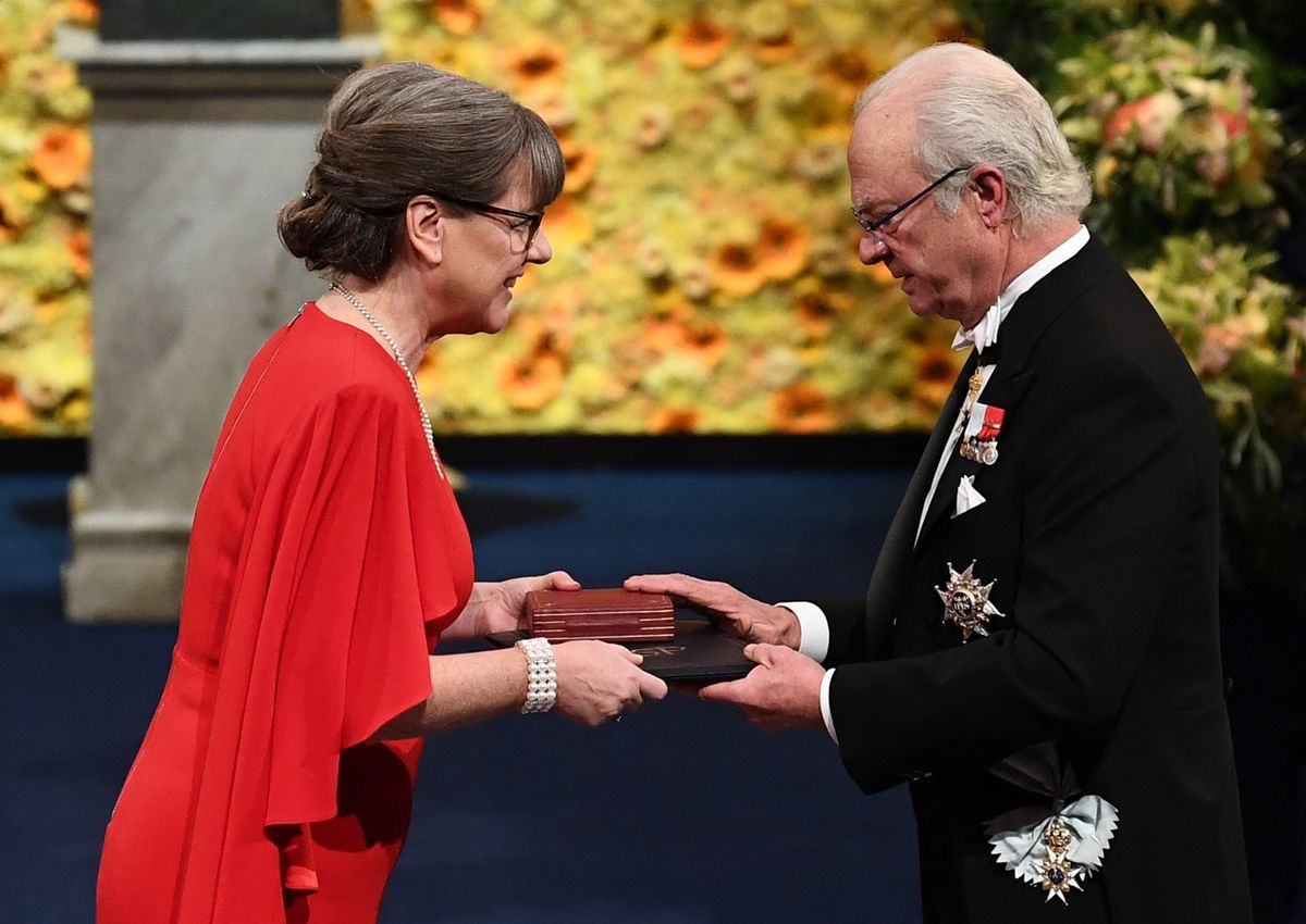 Co-laureate of the 2018 Nobel Prize in Physics French physicist, Canadian physicist Donna Strickland receives her Nobel Prize from King Carl XVI Gustaf of Sweden. She is the third woman ever to win a Nobel in physics.