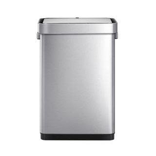 A rectangular stainless steel trash can