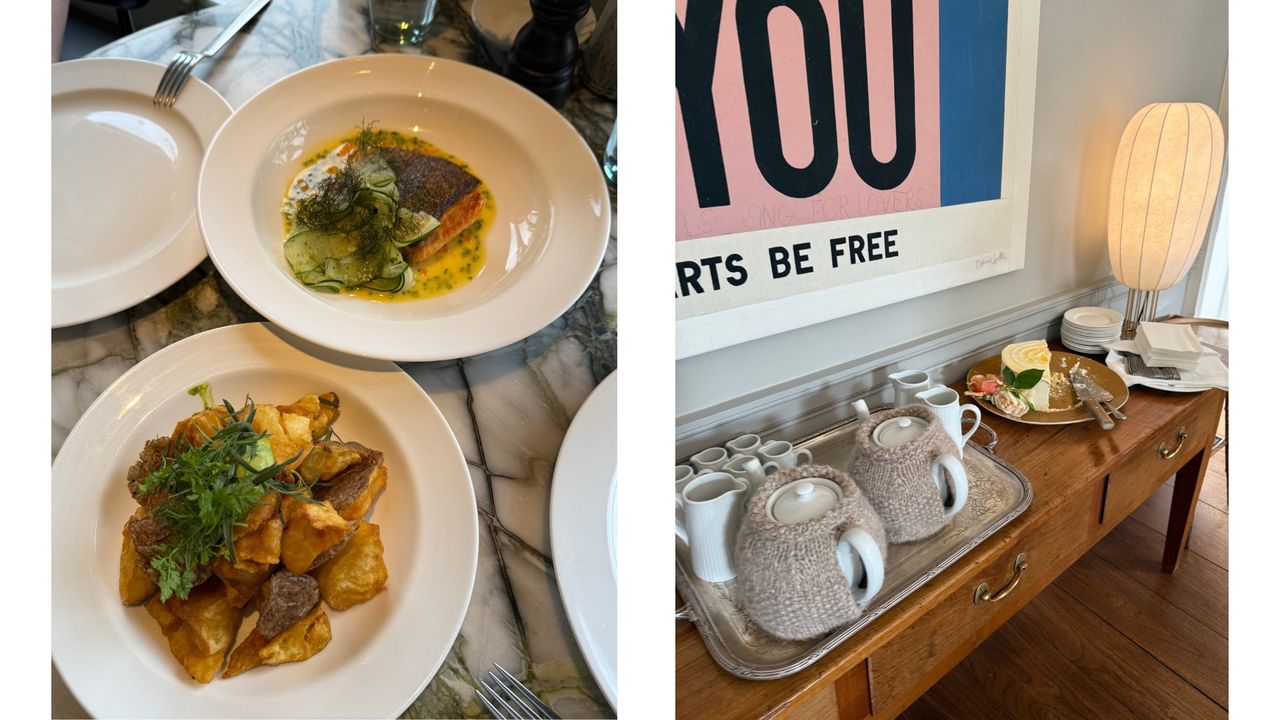 A plate of pan-seared fish with cucumber and dill in sauce, and a dish of roast potatoes on a marble table. Right: A sideboard laid with teapots in knitted cosies, stacked cups, and a half-eaten cake.