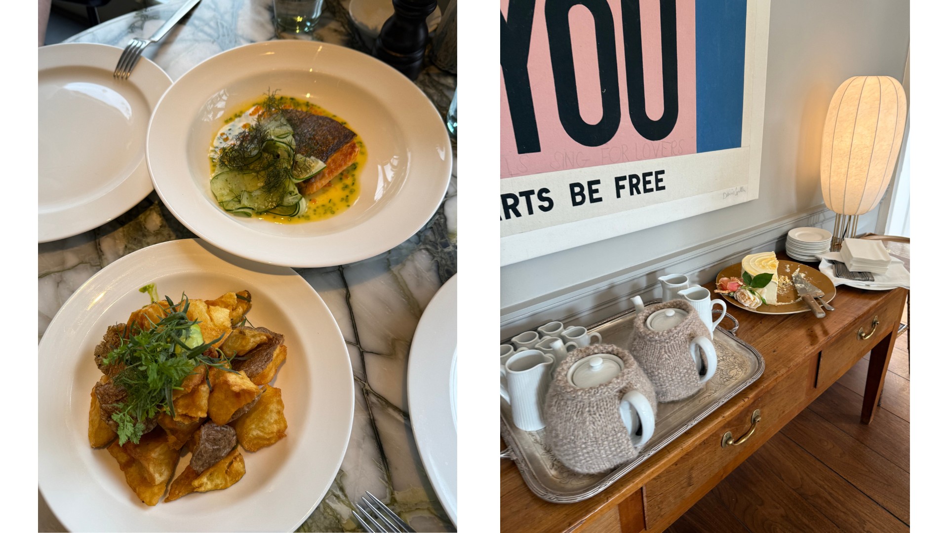 A plate of pan-seared fish with cucumber and dill in sauce, and a dish of roast potatoes on a marble table. Right: A sideboard laid with teapots in knitted cosies, stacked cups, and a half-eaten cake.