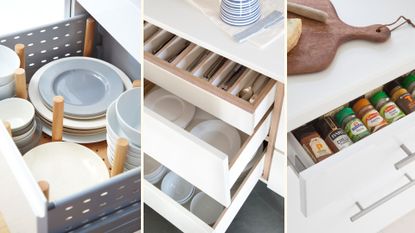 compilation image of three kitchen drawers with storage solutions to show how to organise kitchen drawers
