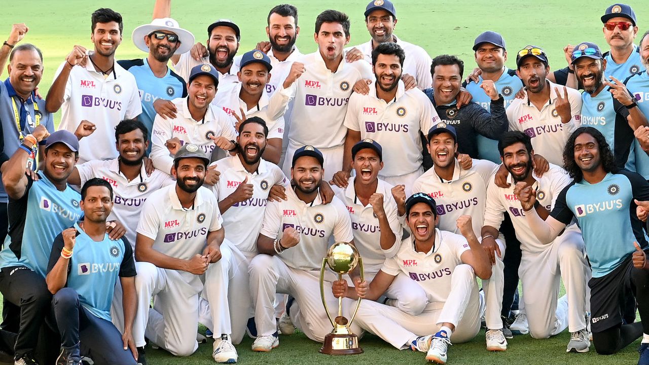 India celebrate their victory against Australia at The Gabba 