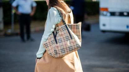 Burberry Plaid Top Handle Bag in White